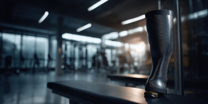 Innovative prosthetic leg displayed on a gym bench during sunset in a modern fitness center
