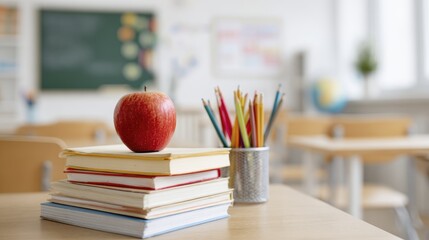 Red apple on books in classroom with pencils and chalkboard background