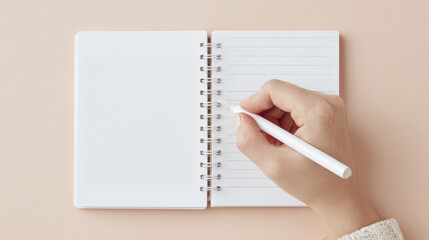 Hand writing in spiral notebook with blank pages on minimalist background