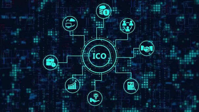 Initial coin offering ico concept with interconnected icons representing blockchain technology, digital currency, investment, and secure financial transactions on a dark green digital background
