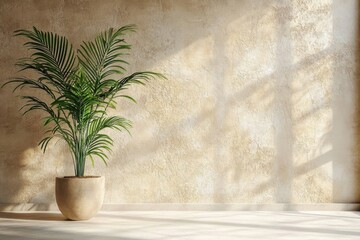 A 3D rendering of a room with a beige stucco wall and a potted plant serves as interior background in stock photo