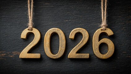Golden '2026' hang on rustic wooden background with twine. A stylish & simple greeting, reflecting on the future, anticipation, and new beginnings.