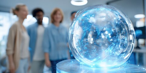 People engaged in a discussion around a glowing holographic sphere in a modern workspace