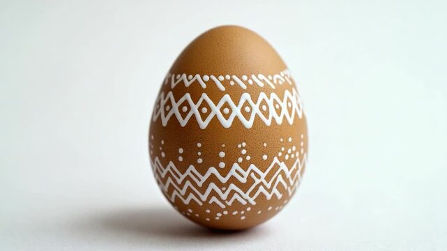 A natural, unprocessed egg with intricate white patterns and markings