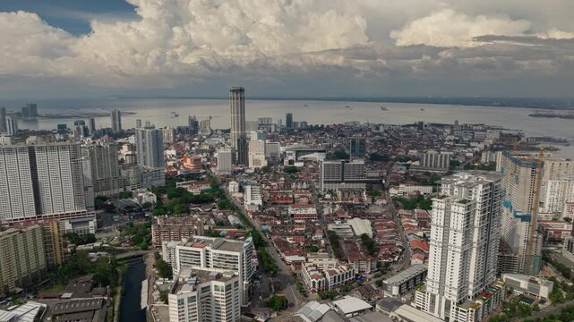 day time cloudy sky penang island george town central cityscape aerial panorama 4k timelapse malaysia