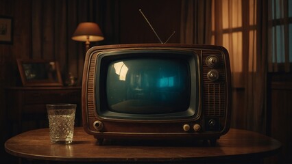 A vintage TV on a retro table, warm, dim light
