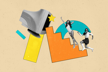 Trendy art creative full zine photo collage of happy businessman businesswoman run ladder career...