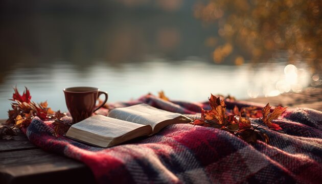 Tranquil Outdoor Scene Of Spiritual Reflection, Nature, And Calm During Golden Hour: Bible On Plaid Blanket With Coffee Cup By Riverbank.