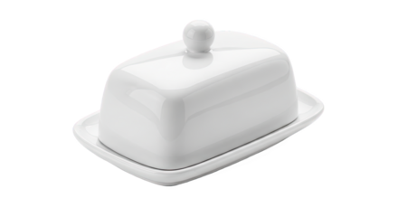 White ceramic butter dish with rectangular base and rounded lid—glossy finish, simple and elegant. Designed for storing and serving butter in kitchen or dining settings