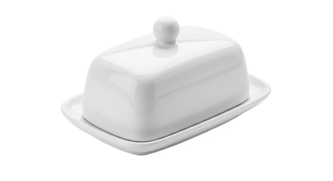 White ceramic butter dish with rectangular base and rounded lid—glossy finish, simple and elegant. Designed for storing and serving butter in kitchen or dining settings