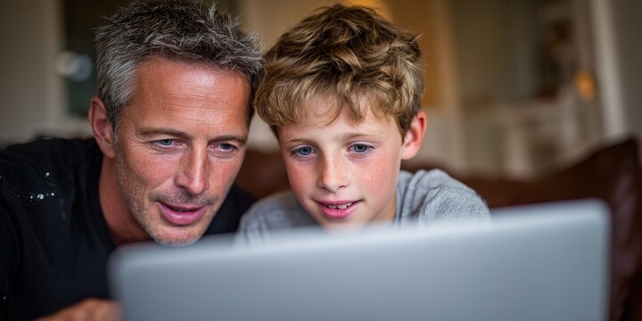 Father and son enjoying time together while using a laptop in their cozy living room during the afternoon hours