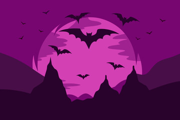 Fototapeta premium Vector art depiction of a swarm of bats flying out of a cave vector illustration