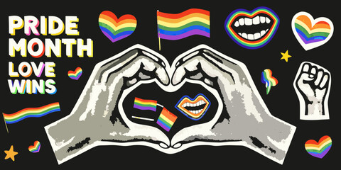 Pride month illustration with hands forming heart and rainbow elements
