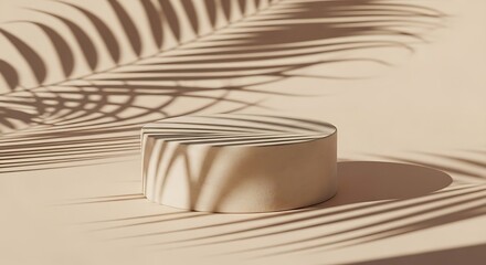 Minimalist product display podium with palm leaf shadows on a beige background