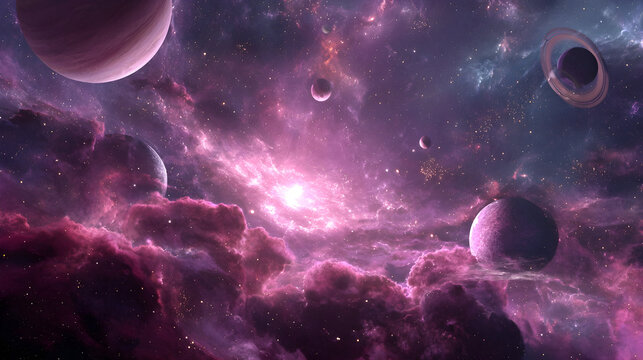 Enchanting cosmic scene in deep space with glowing celestial bodies