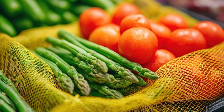 Fresh asparagus and ripe tomatoes displayed in vibrant mesh bags at a local market during a sunny afternoon