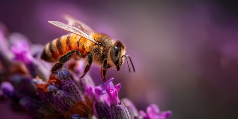 Bee collecting nectar from purple flowers in a vibrant garden during sunny daytime