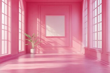A 3D rendering of a pink room with an empty picture frame on wall serves as a mockup for potential artwork or photographs