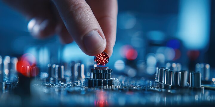 Hands placing a small red component on a circuit board in a tech workshop