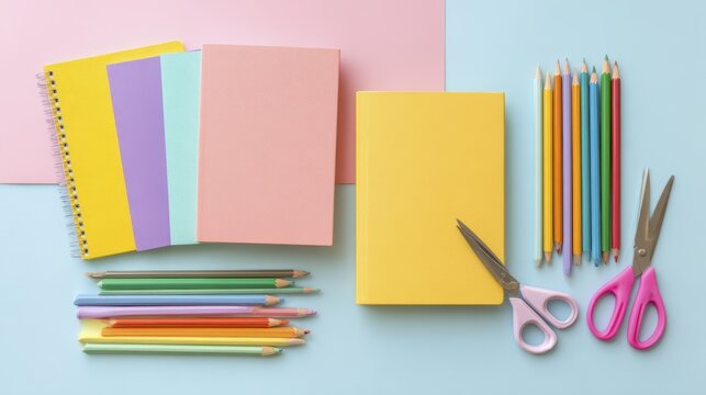Colorful school supplies with notebooks, colored pencils, and scissors on pastel background