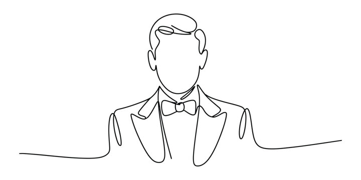Continuous line drawing of a sophisticated man in a formal tuxedo
