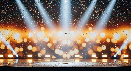 Illuminated microphone on stage with bokeh background ready for a performance or concert
