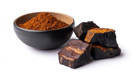 Chaga mushroom powder and chunks reddish brown dark natural health food ingredient