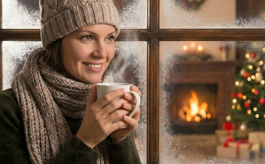 Woman in winter clothes holding a warm drink by a window.