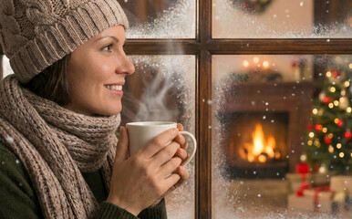 Smiling woman looking out, holding a steaming mug by a fire.