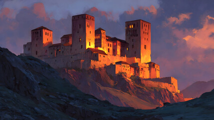 Fototapeta premium Majestic fantasy fortress at sunset on rolling hills