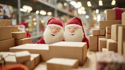 Festive toy santas in workshop surrounded by holiday gift boxes