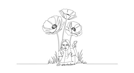 Single continuous line art of a person lying in grass with poppies delicate drawing