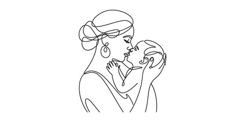 Mother and baby line art drawing, tender kiss, loving bond on white.