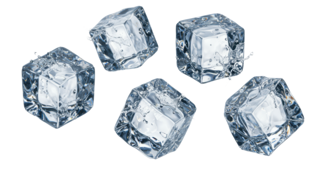 Four crystal-clear geometric ice cubes suspended dynamically in mid-air with water droplets, against a transparent studio background with copy space, concept for beverage advertising
