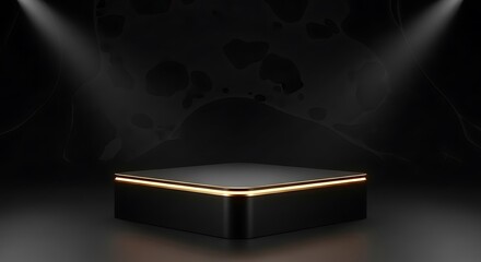 Elegant black podium with golden trim under dramatic spotlights for product showcase