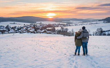 Couple watching a sunset over a snowy valley landscape.