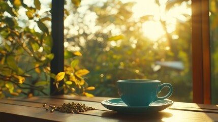 Morning teacup and coffee beans in sunlight