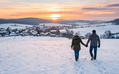 Couple walking hand-in-hand towards a sunset in a snowy field.