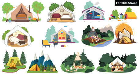 Obraz premium amping and Glamping Vector Illustration Set with Editable Stroke – Tents, Outdoor Nature Scenes, Campfires, Mountains and Adventure Travel Graphics Collection.