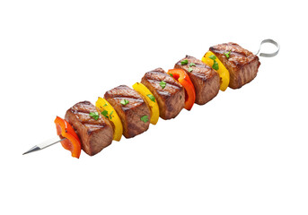 Perfectly grilled beef shish kebab, horizontal, charred meat, red onion, colorful bell peppers, green parsley on a transparent background with copy space, delicious food photography for menu design