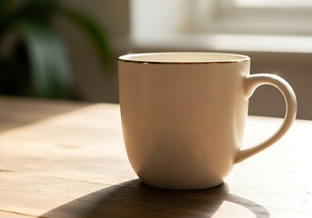 Fototapeta premium Elegant ceramic mug on wooden table bathed in morning light indoors