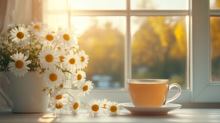Sunlight illuminates tea and daisies on windowsill
