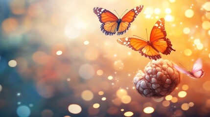 Monarch butterflies and mystical egg cocoon in dreamlike golden light