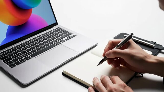 Laptop and notepad on white surface workspace with rainbow screen
