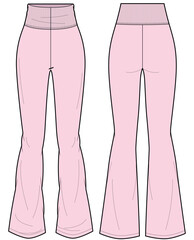 womens bootcut leggings fashion flat sketch vector illustration high waisted flare yoga pant with tummy control front and back view technical cad drawing template