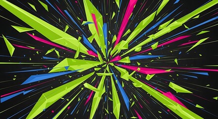 Vibrant explosion background with geometric shapes in neon colors on black