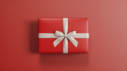 Overhead perspective of a striking red gift box, featuring a simple beige ribbon and bow, on a complementary red surface