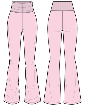 womens bootcut leggings fashion flat sketch vector illustration high waisted flare yoga pant with tummy control front and back view technical cad drawing template
