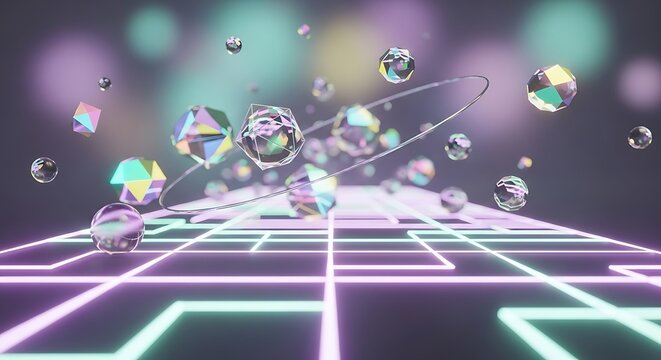 Modern iridescent spheres floating above glowing grid create a futuristic vibe