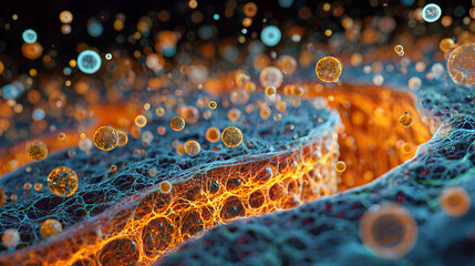 Hyper detailed scientific visualization of microscopic cellular structures in luminous vivid colors